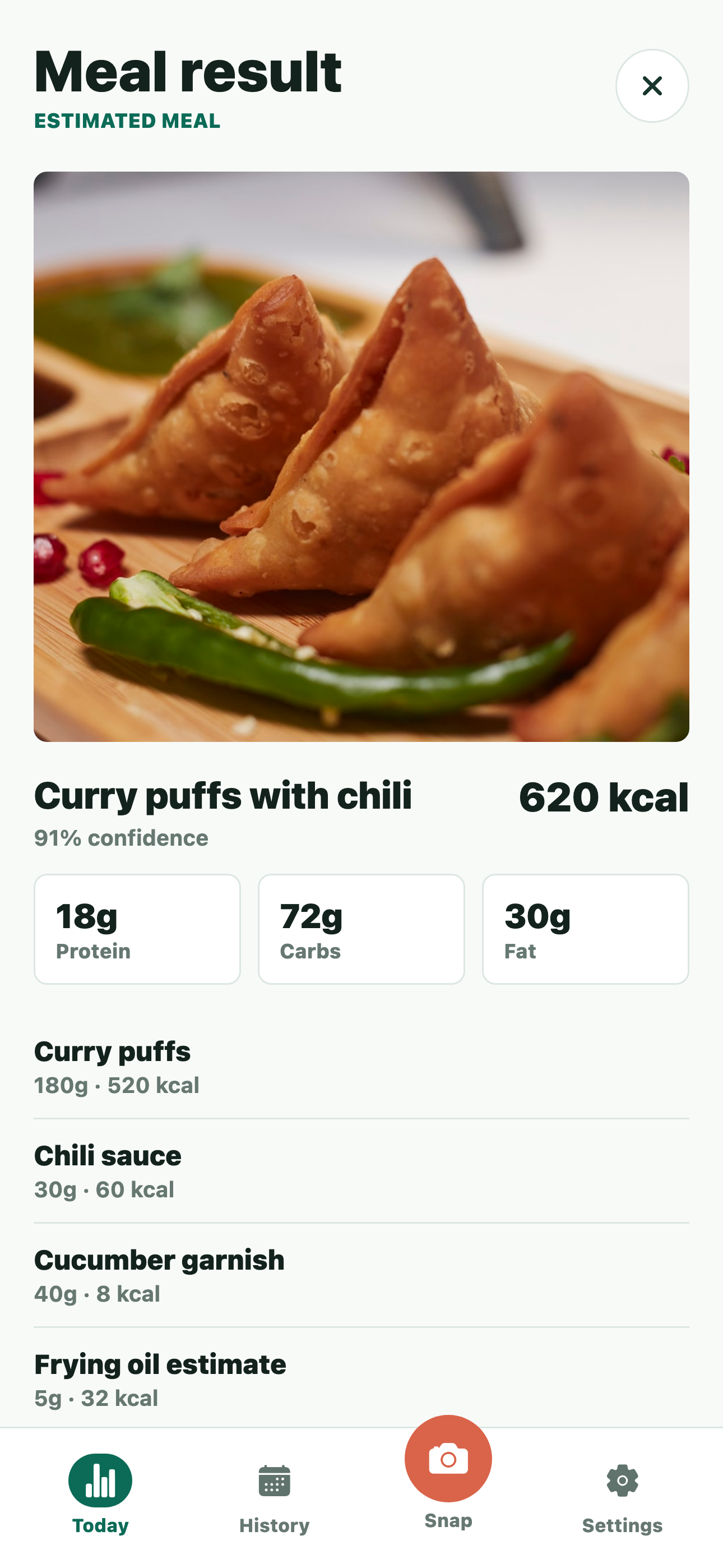 JomKal meal result showing curry puffs with calories and macros