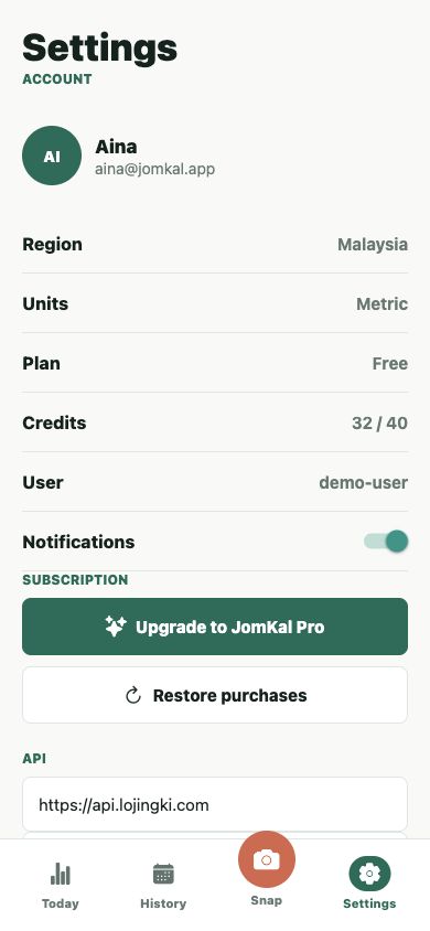 JomKal subscription and settings screenshot